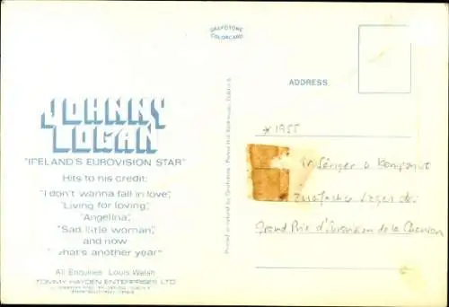 Ak Schauspieler Sänger Johnny Logan, Portrait, Autogramm