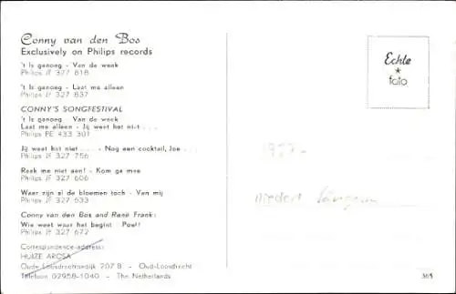 Ak Sängerin Conny van den Boo, Portrait, Autogramm