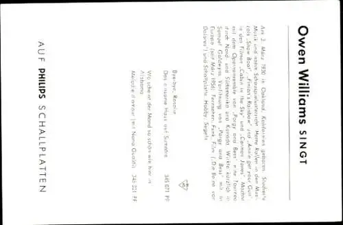 Ak Sänger Owen Williams, Portrait, Autogramm