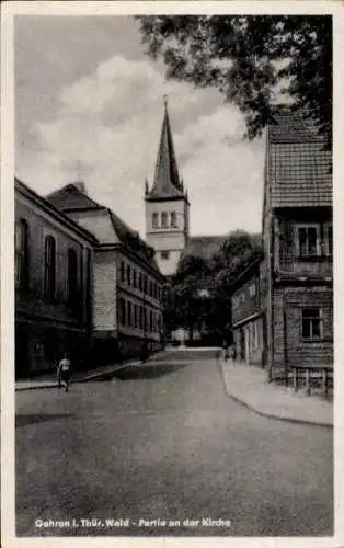 Ak Gehren Thür. Wald, Partie an der Kirche, Turm, Kind