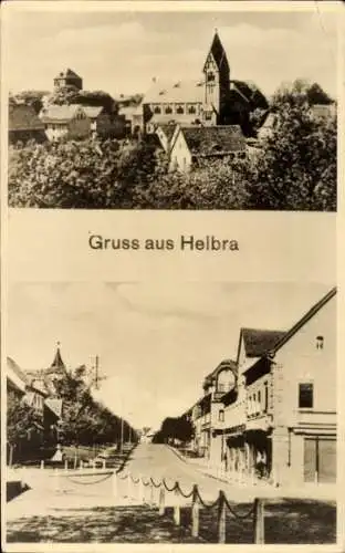 Ak Helbra in Sachsen Anhalt, Kirche, Straßenpartie