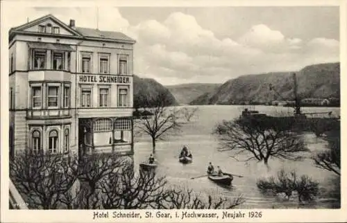 Ak St. Goar am Rhein, Hotel Schneider, Hochwasser 1926