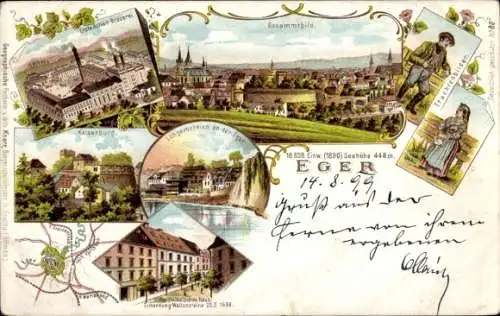 Litho Cheb Eger Region Karlsbad, Gesamtbild, Aktienbrauerei, Kaiserburg, Trachten