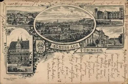 Vorläufer Litho Tübingen am Neckar, Gesamtansicht, Rathaus, Kaserne, Universität