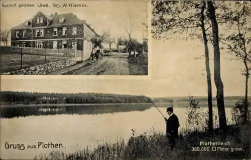 Ak Plothen in Thüringen, Gasthof goldener Löwe, Angler am Plothenteich