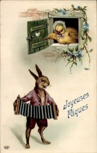 Präge Ak Glückwunsch Ostern, Osterhase mit Akkordeon, Küken am Fenster, EAS