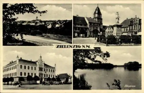 Ak Sulęcin Zielenzig Ostbrandenburg, Marktplatz, Rathaus, Bürgersee, Gesamtansicht