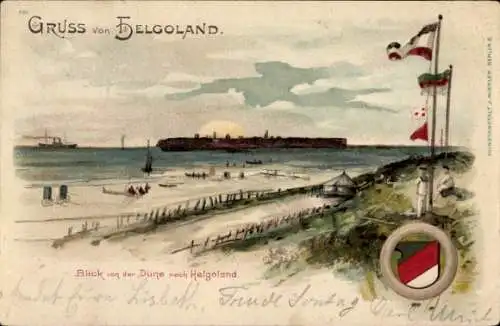 Litho Nordseeinsel Helgoland, Blick von der Düne, Wappen