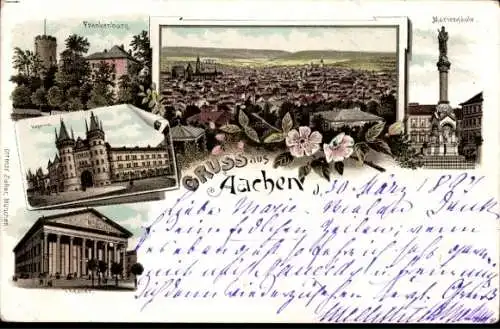 Litho Aachen, Gesamtansicht, Frankenburg, Kaserne, Theater, Mariensäule