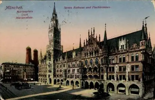 Ak München, Marienplatz, Dom, Mariensäule, Neues Rathaus, Fischbrunnen