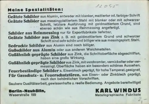 Ak Berlin-Neukölln, Werbung, Karl Windus, Matellographische Fabrikate