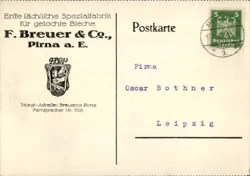 Ak Pirna, Werbung, Spezialfabrik für gelochte Bleche, F. Breuer & Co.