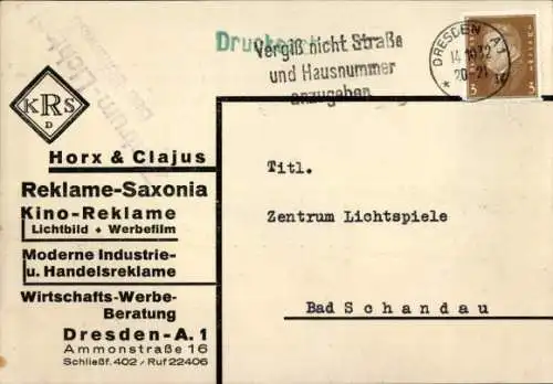 Ak Werbung, Horx & Clajus, Reklame-Saxonia, Wirtschafts-Werbe-Beratung, Dresden