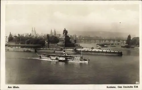 Ak Koblenz am Rhein, Deutsches Eck, Denkmal Kaiser Wilhelm I., Schiff