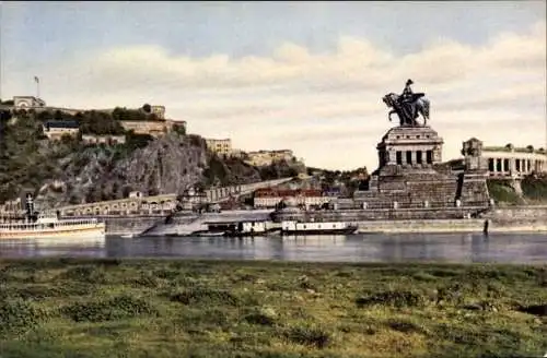 Ak Koblenz am Rhein, Deutsches Eck, Denkmal Kaiser Wilhelm I., Schiff, Festung Ehrenbreitstein