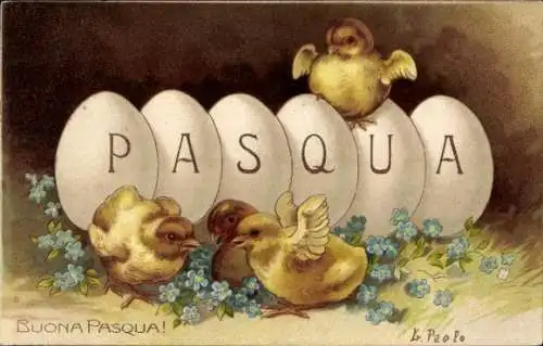 Präge Litho Glückwunsch Ostern, Küken und Eier