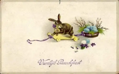 Ak Glückwunsch Ostern, Nest mit Ostereiern, Weidenkätzchen, Hase