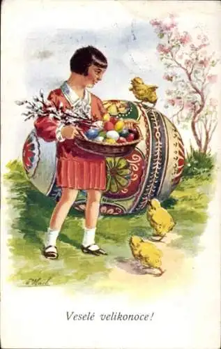 Künstler Ak Glückwunsch Ostern, Mädchen, Ostereier, Küken