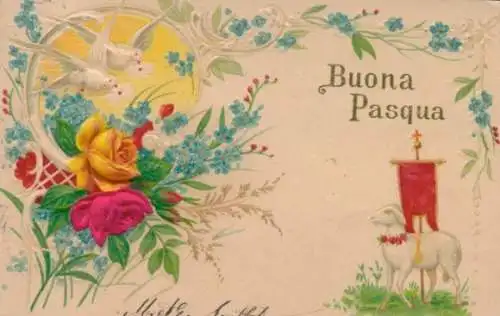 Stoff Präge Litho Glückwunsch Ostern, Lamm, Blumen, Tauben