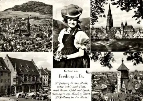 Ak Freiburg im Breisgau, Frau in Tracht, Panorama, Münster, Turm