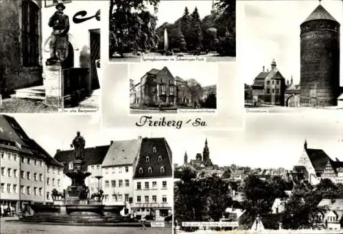 Ak Freiberg in Sachsen, Donatsturm, Markt, Studentenwohnheim, Springbrunnen