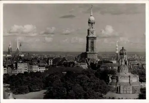 Ak Hamburg Mitte St. Pauli, Bismarck Denkmal, Stadtpanorama, Türme