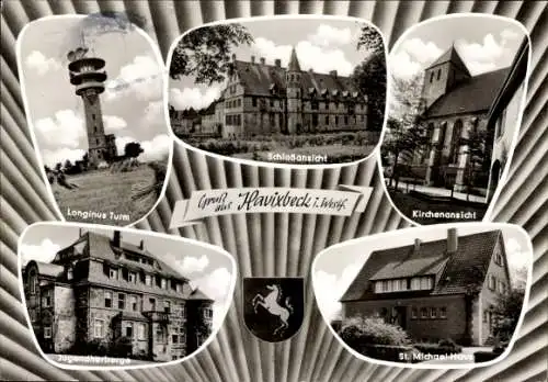 Ak Havixbeck in Westfalen, Longinusturm, Schloss, Kirche, Jugendherberge, Wappen