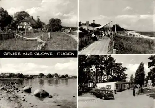 Ak Glowe auf Rügen, Ufer, Promenade, Strand, Reetdachhaus