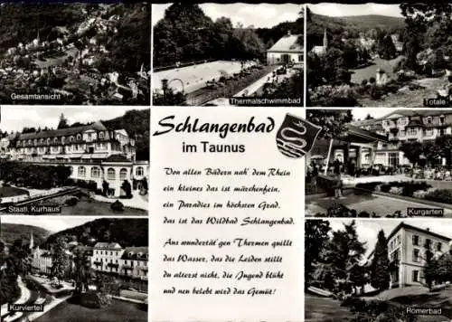 Ak Schlangenbad im Taunus Hessen, Totalansicht, Thermalschwimmbad, Kurhaus, Kurviertel, Römerbad