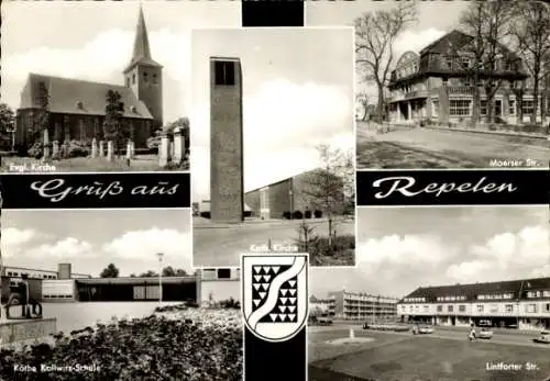 Ak Repelen Rheinkamp Moers am Niederrhein, Wappen, Katholische Kirche, Käthe-Kollwitz-Schule