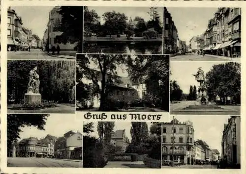 Ak Moers am Niederrhein, Straßenpartie, Denkmal, Park, Gebäude, Geschäfte