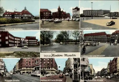Ak Hamborn Marxloh Duisburg am Rhein, Bahnhof, Rathaus, Bergschule, Amtsgericht, Postamt, Stadtbad
