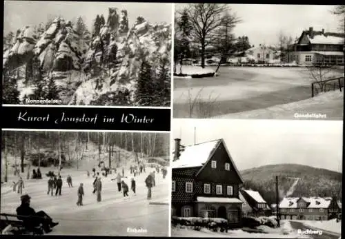 Ak Jonsdorf in Sachsen, Nonnenfelsen, Gondelfahrt, Eisbahn, Buchberg, Winteransichten