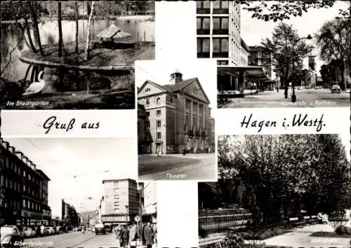 Ak Hagen in Westfalen, Theater, Stadtgarten, Elberfelderstraße, Volkspark, Körnerstraße, Rathaus