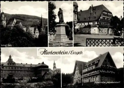 Ak Hartenstein im Erzgebirge Sachsen, Schloss Stein, Fleming-Denkmal, Paul-Fleming-Schule