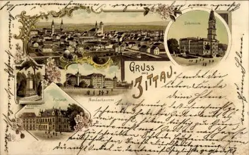 Litho Zittau in Sachsen, Gesamtansicht, Johanneum, Postamt, Marschner Denkmal, Mandau Kaserne