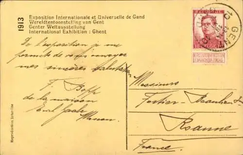 Ak Gand Gent Ostflandern, Weltausstellung 1913, Ruderpartie, Segelschiff