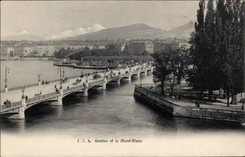 Ak Stadt Genf Schweiz, Gesamtansicht, Brücke, Mont-Blanc