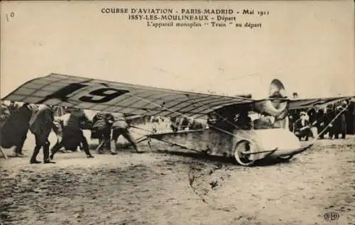 Ak Paris-Madrid Aviation Race 1911, Eindecker-Zuggerät