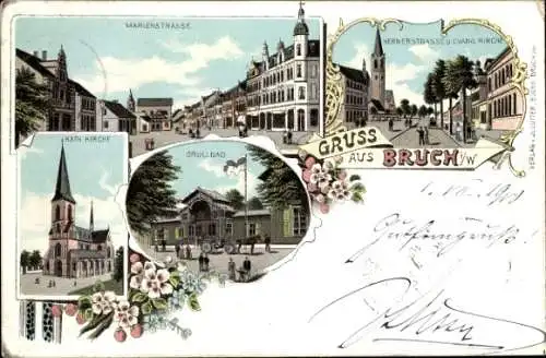 Litho Bruch Recklinghausen, Marienstraße, Kath. Kirche, Hernerstraße, ev. Kirche, Grullbad