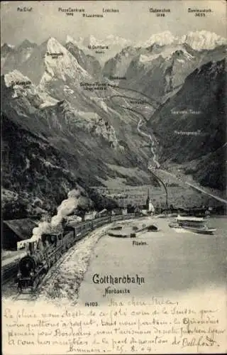 Ak Flüelen Kt. Uri Schweiz, Gotthardbahn, Erstfeld, Dammastock, Leckihorn, Galenstock