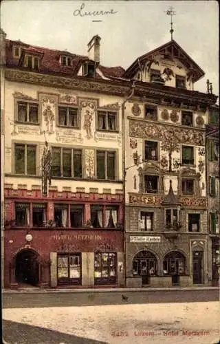 Ak Luzern Stadt Schweiz, Hotel Metzgern, I. Müller Apotheker, Lüftlmalerei