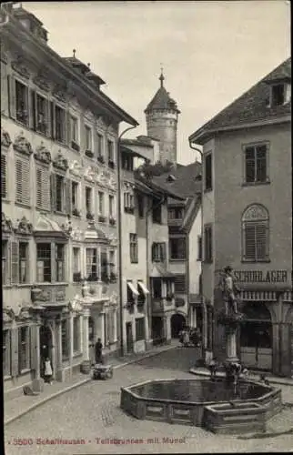 Ak Schaffhausen Stadt Schweiz, Tellsbrunnen mit Festung Munot
