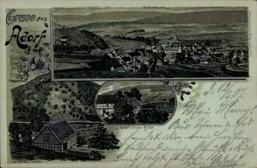 Mondschein Litho Adorf im Vogtland, Panorama, Mühle, Bauernhaus