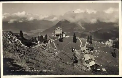 Ak Garmisch Partenkirchen in Oberbayern, Schachen, Schachenschloss und Wirtschaftsgebäude