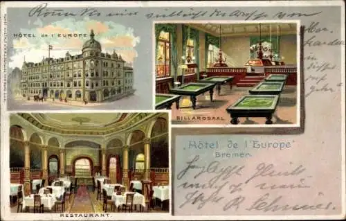 Litho Hansestadt Bremen, Hotel de l'Europe, Restaurant, Billardsaal