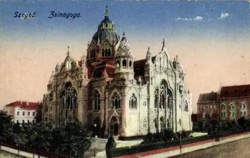 Judaika Ak Szeged Szegedin Ungarn, Blick auf die Synagoge, Straßenecke