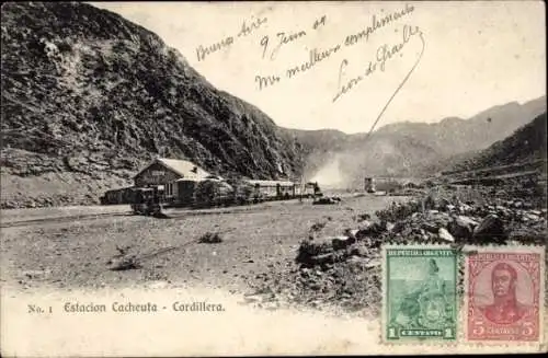 Ak Cacheuta Argentinien, Bahnhof, Gleisseite, Cordillera