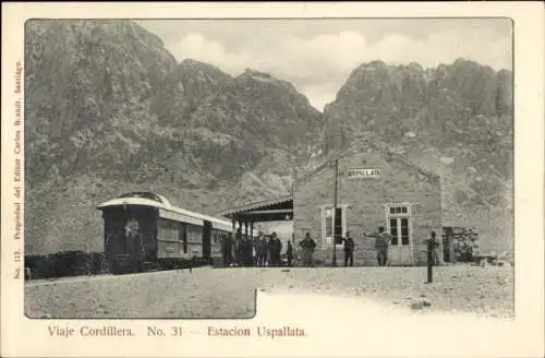 Ak Uspallata Argentinien, Bahnhof, Gleisseite, Passagierzug