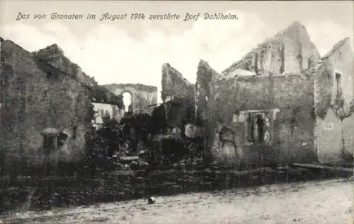 Ak Dalheim Lothringen Moselle, Von Granaten zerstörte Kirche, August 1914